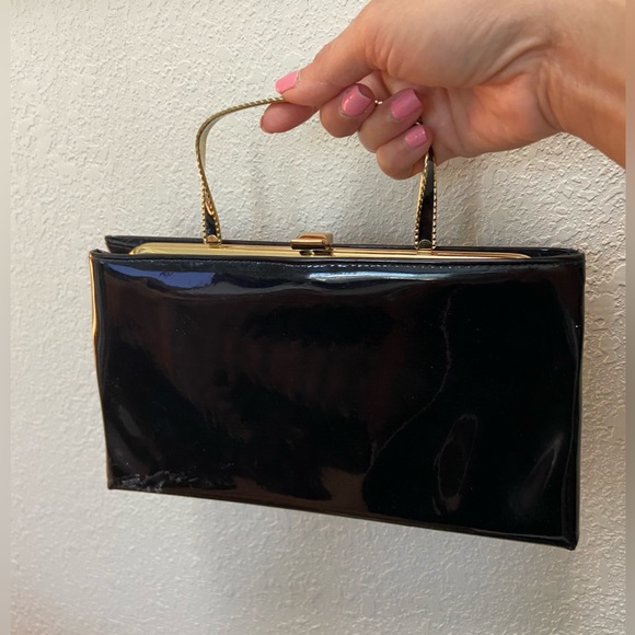 Ande Handbags - Vintage Ande Patent Black Leather Top Handle Evening Bag Convertible Clutch Gold